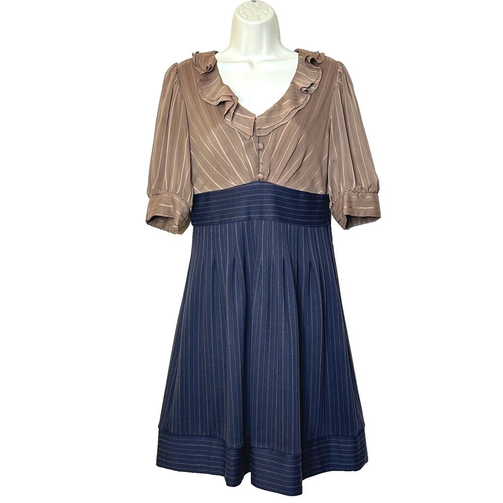 Rabbit Rabbit Rabbit Designs Tan Navy Pinstripe Balloon Sleeve Dress Women's 8